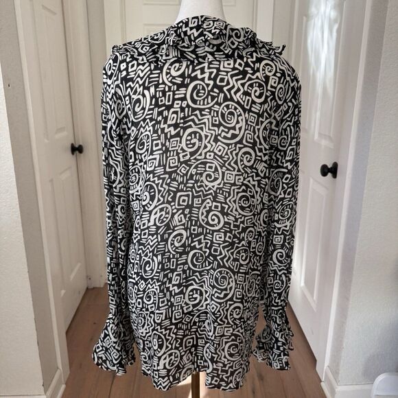 Vtg Chico's DESIGN 100% Silk Crinkle Top Blouse Sz 1 M Black White‎ Ruffle Tunic - Picture 6 of 11